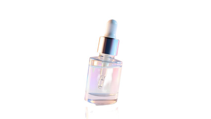 Minimalist face serum bottle with dropper cap, isolated on transparent background—ideal for skincare branding, cosmetic mockups, and beauty product designs.