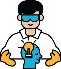A man in a lab coat is holding a blue head with a light bulb on it