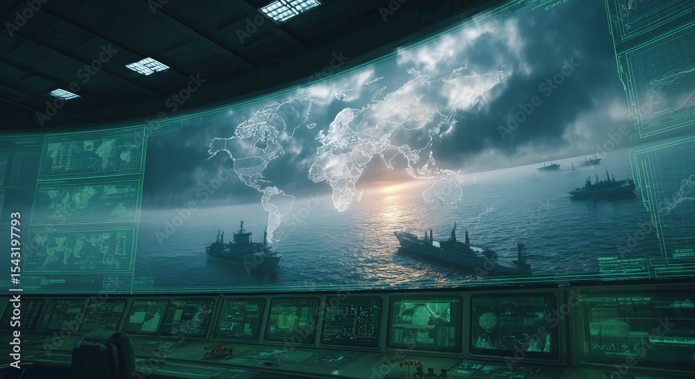 Aufkleber A control center monitors navigation and tracking for cargo ships using autopilot technology. The screen shows a global map and cargo ships on water, under a dramatic sky at sunset.