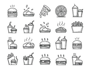 Diverse fast food selection of burgers, pizzas, fries and drinks presented in minimalist black and white sketches, silhouette