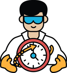 A man in a lab coat holding a clock with a red arrow pointing to the right