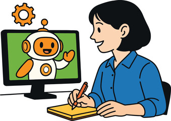 Online Education: Woman learning about AI from robot teacher on screen, vector illustration