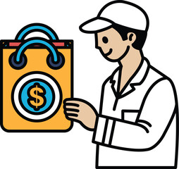 A man is holding a bag with a dollar sign on it