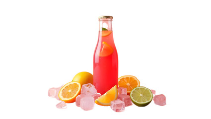 Chilled orange juice bottle with ice cubes and fresh orange slices, isolated on transparent background—ideal for refreshing summer drink ads, packaging, and health-themed designs.