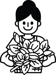 A woman is holding a basket of leaves
