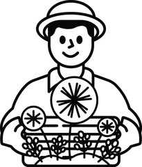 A man is holding a basket of flowers