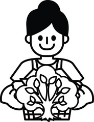 A woman is holding a basket of plants and a tree