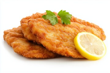 Delicious kotlet schabowy served with fresh lemon and garnished with herbs showcasing traditional Polish cuisine on a white background