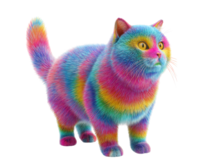 Cute  and adorable cat with rainbow fur isolated on a transparent background