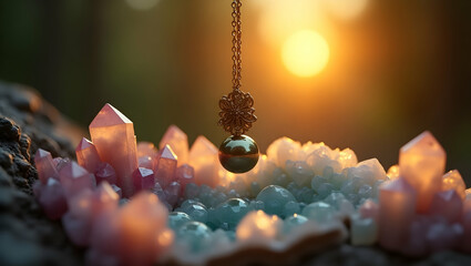 Extreme Close Up of Antique Pendant Nestled Among Colorful Crystals with Golden Hour Light Streaming Through