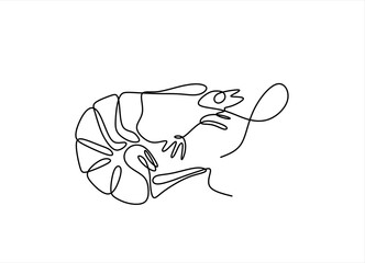 
One continuous line drawing of fresh shrimp for seafood logo identity, Continuous one line drawing of shrimp. Hand drawn one line vector. Editable stroke