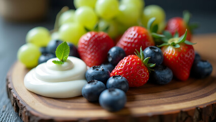 Eye-Level Showcase of Fresh Seasonal Fruits with Creamy Yogurt Drizzle Placed Artfully on Rustic Wooden Board