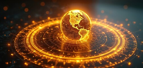 Digital glowing Earth with glowing lines encircling planet. Modern tech concept, global network, information, data transfer, internet, communication, science, future.