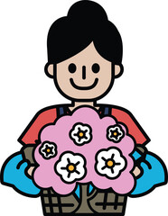 A girl is holding a bouquet of flowers