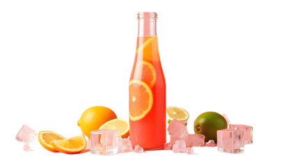 Chilled orange juice bottle with ice cubes and fresh orange slices, isolated on transparent background—ideal for refreshing summer drink ads, packaging, and health-themed designs.