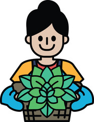 A woman is holding a plant in a pot