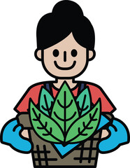 A woman is holding a plant in a basket