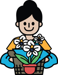 A woman is holding a basket with a potted plant in it