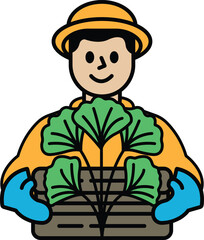A man in a yellow hat is holding a basket of plants