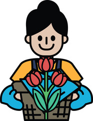 A woman is holding a bouquet of red flowers