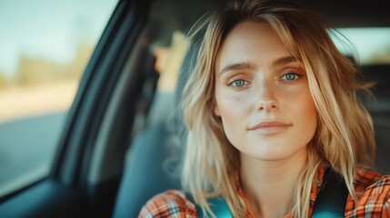 A candid portrait of a smiling woman in a car, illuminated by sunlight, capturing the essence of freedom and adventure while radiating confidence and joy of life.