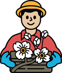 A man is holding a basket of flowers