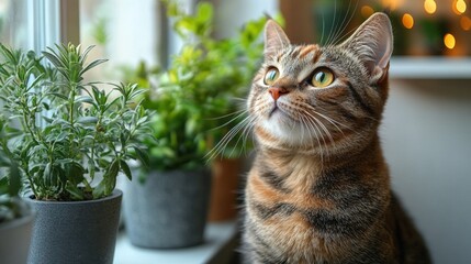 Tabby Cat Portrait with Potted Plants on Window Sill