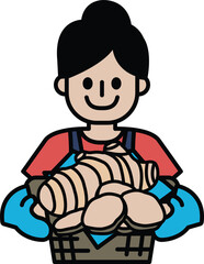A woman is holding a basket full of food