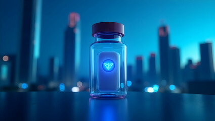 Futuristic Medication, A Sleek Transparent Pill Bottle Showcasing Innovative Healthcare Technology and Modern Pharmaceutical Design with Cityscape