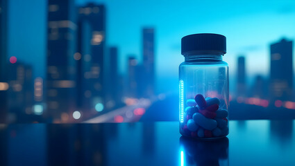 Futuristic Pill Bottle Showcasing Medication Against a Blurry Cityscape Backdrop with Advanced Technology