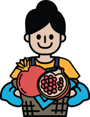 A woman is holding a basket of fruit, including a pomegranate