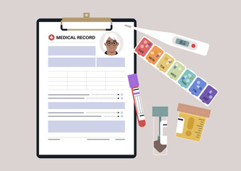 A detailed arrangement of medical lab samples, a clipboard featuring patient information, and a thermometer, highlighting crucial elements in health assessments