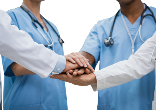 Smiling medical team of doctors and nurses caring for patients in a hospital clinic