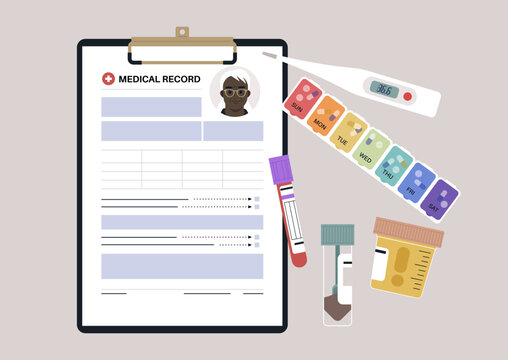 A detailed arrangement of medical lab samples, a clipboard featuring patient information, and a thermometer, highlighting crucial elements in health assessments