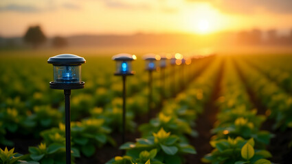 Golden evening light bathes rows of crops illuminated by modern marker lights, creating a serene and hopeful agricultural landscape
