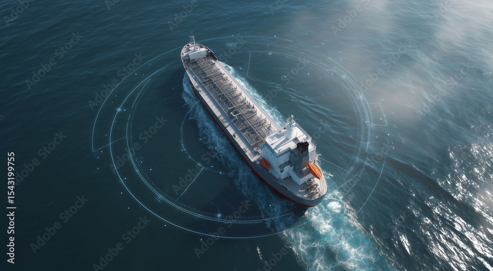 Poster A large cargo ship operates on autopilot, smoothly navigating through the vast ocean.