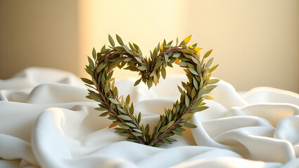 Heartfelt Serenity, An Intimate Still Life Photograph of a Delicate Heart-Shaped Leaf Wreath on Soft Fabric