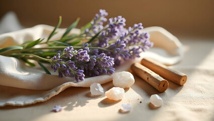 Harmonious Still Life with Lavender, Crystals, and Wood, Evoking Tranquility and Natural Beauty in a Simple Composition
