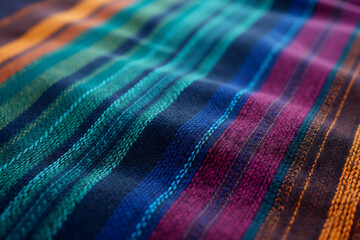 High-Angle, Tightly Cropped Shot of Richly Textured Fabric Exhibiting Vibrant Stripes and Detailed Weave, Perfect for Textile Enthusiasts