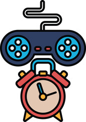 A red alarm clock with a controller on top of it