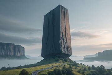 Epic Monolith Towering Over Misty Landscape