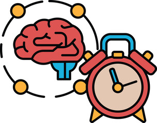 A red clock with a brain in the background