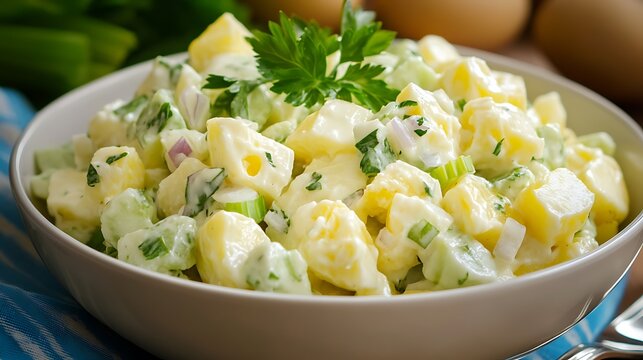 Potato salad made from boiled potatoes boiled eggs onions celery