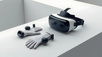 Immersive virtual reality set showcased in a flatlay with gloves and controllers on a modern minimalist workspace for product showcasing