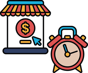 Naklejka premium A store sign with a dollar sign and a clock with the time of 10:00