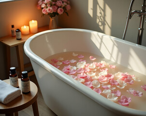 Indulge in a soothing bath experience with floating flower petals and calming aromatherapy oils for ultimate relaxation and a tranquil self-care ritual