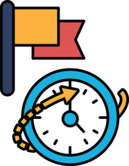 A clock with a red and yellow flag in the background
