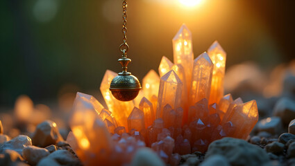 Intricate antique pendulum swings amidst a mesmerizing array of quartz crystals illuminated by sunlit radiance