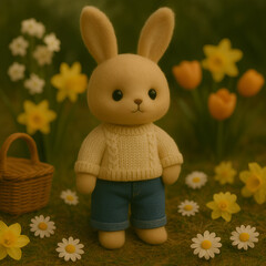 季節の小物に囲まれたうさぎのぬいぐるみが手作り服でファッションインフルエンサー風にポージング｜ぬい撮り×季節感×おしゃれなコーデ写真