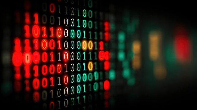 Glowing Red and Green Binary Code Stream - Digital Data, Cybersecurity, and AI Concept